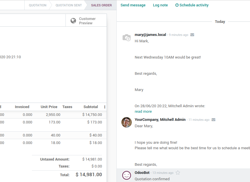 Odoo email chatter talk on a sale order