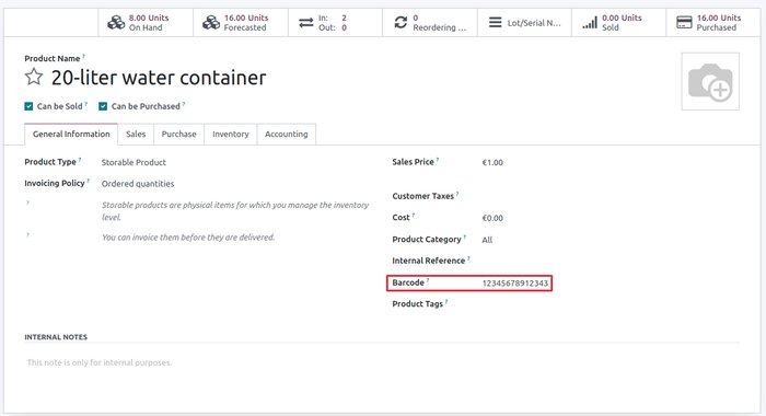 20-liter water container product creation in Odoo with Barcode
