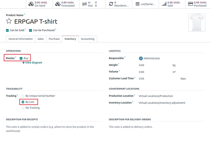 T-shirt  product creation in Odoo with traceability by lots