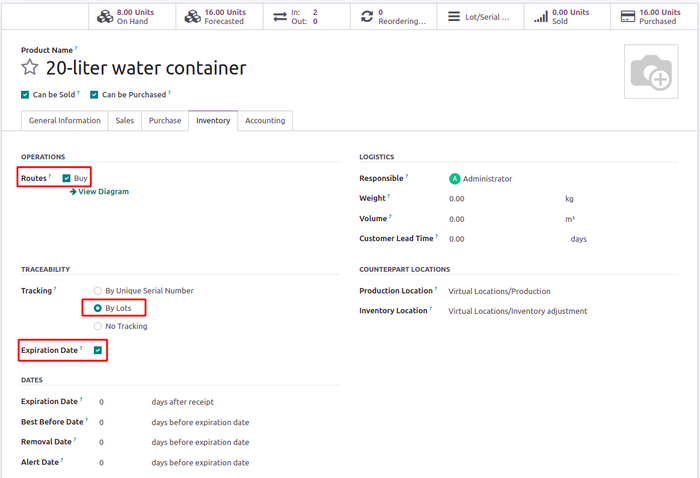 20-liter water container product creation  in Odoo - routes and traceability